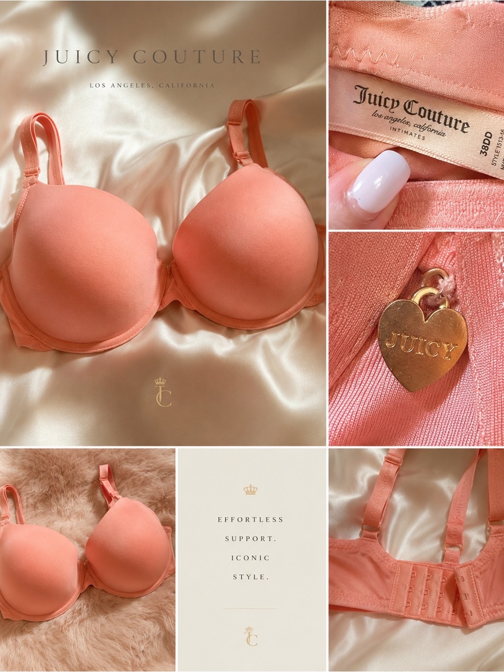 Juicy Couture Coral-Orange Padded T-Shirt Bra with Gold Heart Charm